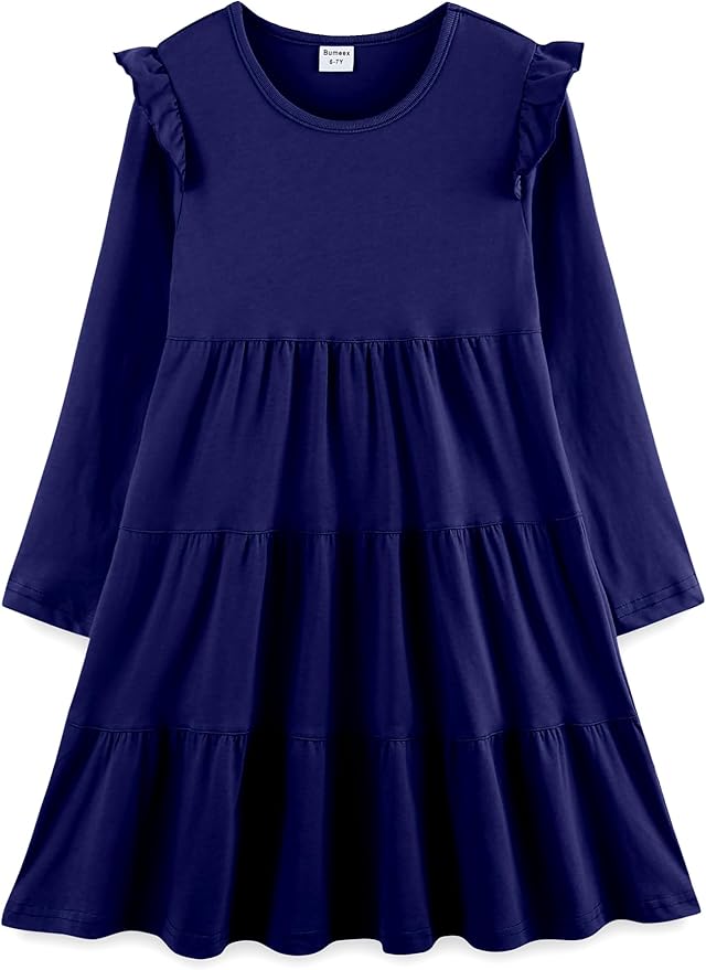 Bumeex Girl's Dresses Cotton Ruffle Sleeve Tiered Swing A-Line Cute Midi Casual Sundress