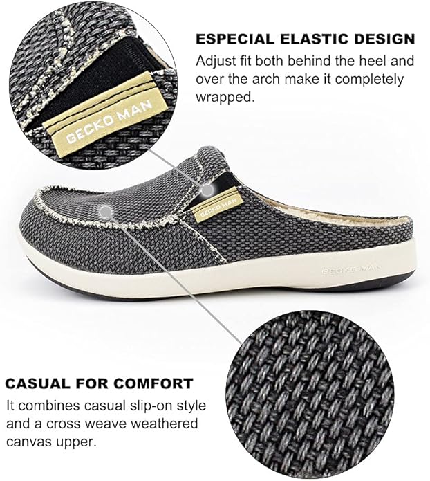 Mens Slippers with Arch Support, Canvas House Slipper for Men with Velvet Lining, Slip On Clog, Indoor Outdoor House Shoes with Anti-Skid Rubber Sole