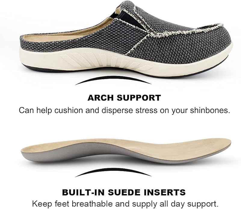 Mens Slippers with Arch Support, Canvas House Slipper for Men with Velvet Lining, Slip On Clog, Indoor Outdoor House Shoes with Anti-Skid Rubber Sole