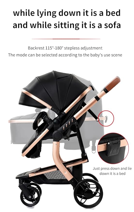 PU Leather 2 in 1 Baby Stroller Convertible Reversible Standard Pram Portable Pushchair Infant Buggy Baby Carriage Foldable High Landscape Pram for Toddler Newborn (2US518-Grey)