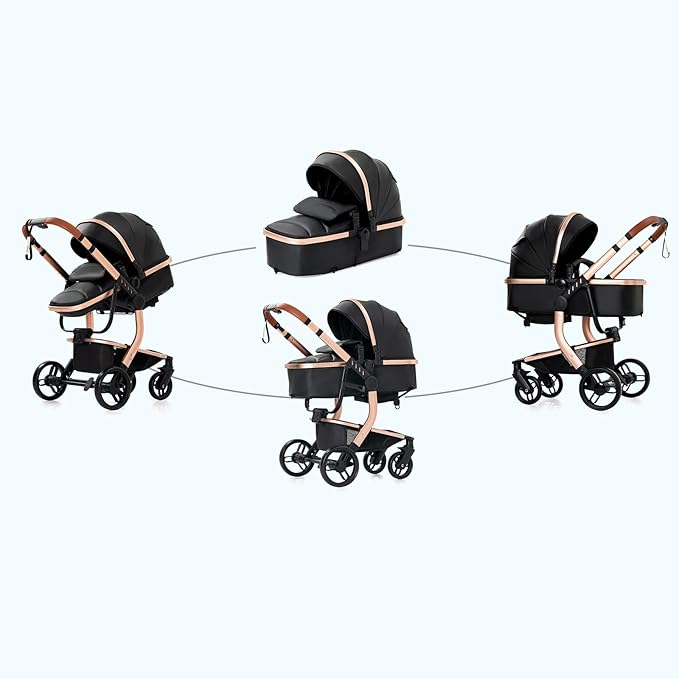 PU Leather 2 in 1 Baby Stroller Convertible Reversible Standard Baby Pram Portable Pushchair Infant Buggy Carriage Foldable High Landscape Pram for Toddler Newborn (2US518-Black)