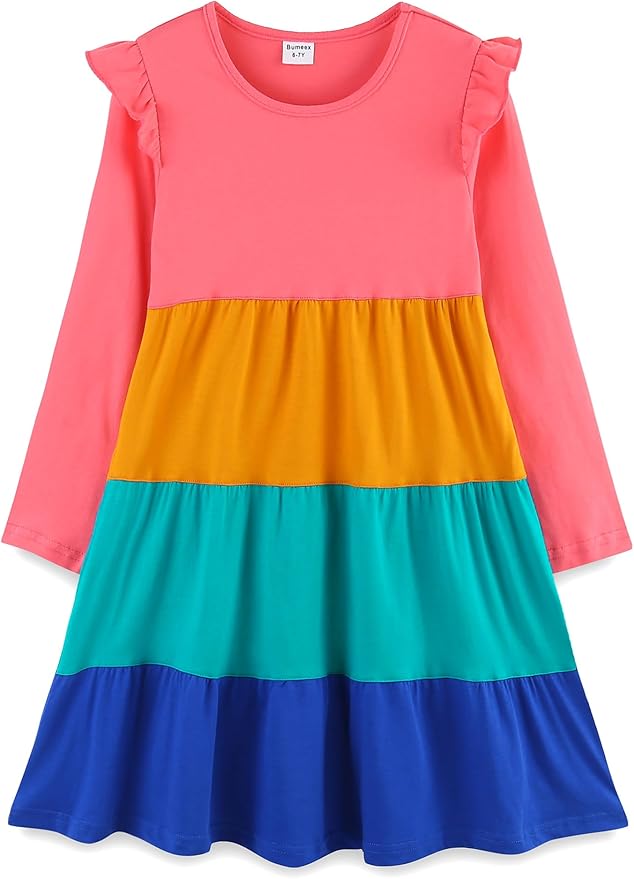 Bumeex Girl's Dresses Cotton Ruffle Sleeve Tiered Swing A-Line Cute Midi Casual Sundress