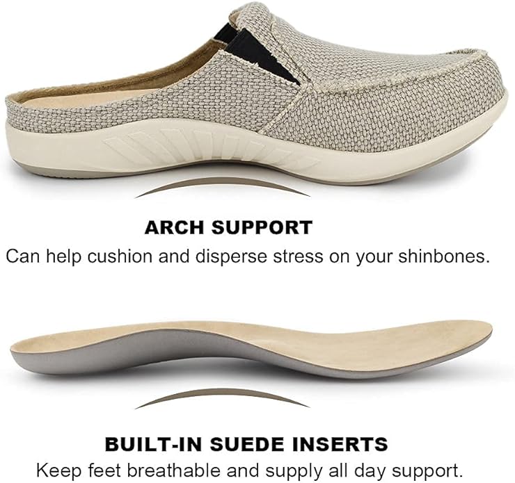 Mens Slippers with Arch Support, Canvas House Slipper for Men with Velvet Lining, Slip On Clog, Indoor Outdoor House Shoes with Anti-Skid Rubber Sole