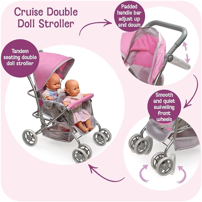 Badger Basket Double Doll Stroller - Pram for Baby Doll with Adjustable Seats & Storage Basket - Fits Doll Up to 20 Inches - Best for Toddler and Kid Pretend Play Ages 3 and Up - Pink/Grey