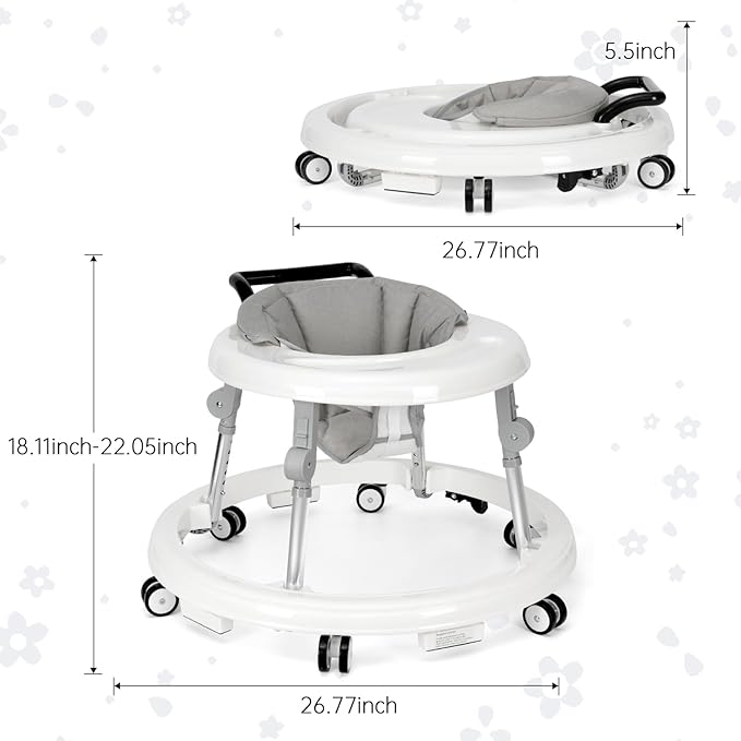 Baby Walker Foldable with 9 Adjustable Heights, Baby Walker with Wheels Portable, Infant Toddler Walker for Baby Boy Girls 6-18 Months (White)