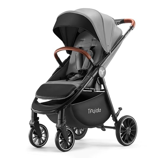 Tinyiota Baby Stroller, Infant Stroller with Large UPF 50+ Canopy,Luxury Pram Strollers with Leather Handle & Spacious Seat, One-Hand Foldable Pushchair, Toddler Carriage with Lie-Flat Mode(Gray)
