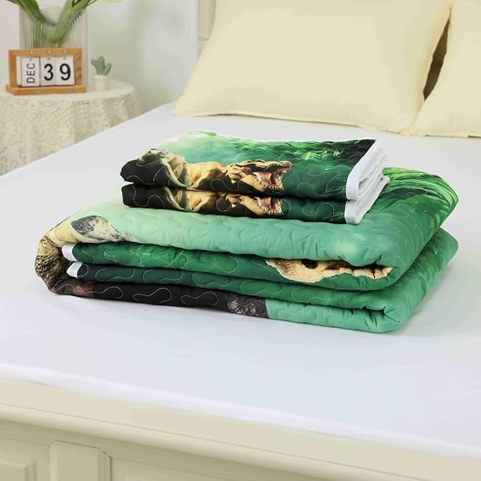 Green Dinosaur Quilt Set Full/Queen Size for Kids, Breathable 3D Dinosaur Printing Bedding Set, Lightweight Boys Dino Bedspread Set with 1 Quilt and 2 Pillowcases