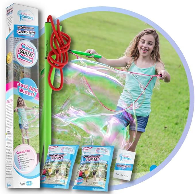 WOWmazing Giant Bubble Wands Kit: (4-Piece Set) | Incl. Wand, Big Bubble Concentrate and Tips & Trick Booklet | Outdoor Toy for Kids, Boys, Girls | Bubbles Made in The USA