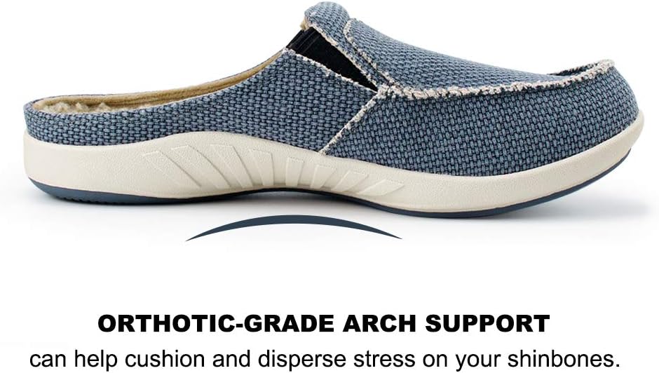 Mens Slippers with Arch Support, Canvas House Slipper for Men with Velvet Lining, Slip On Clog, Indoor Outdoor House Shoes with Anti-Skid Rubber Sole