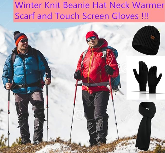 Mens Winter Hat Scarf Glove set for Men 3 Pcs Touchscreen Anti Slip Gloves Knit Stretchy Beanie Hats and long Scarfs Set