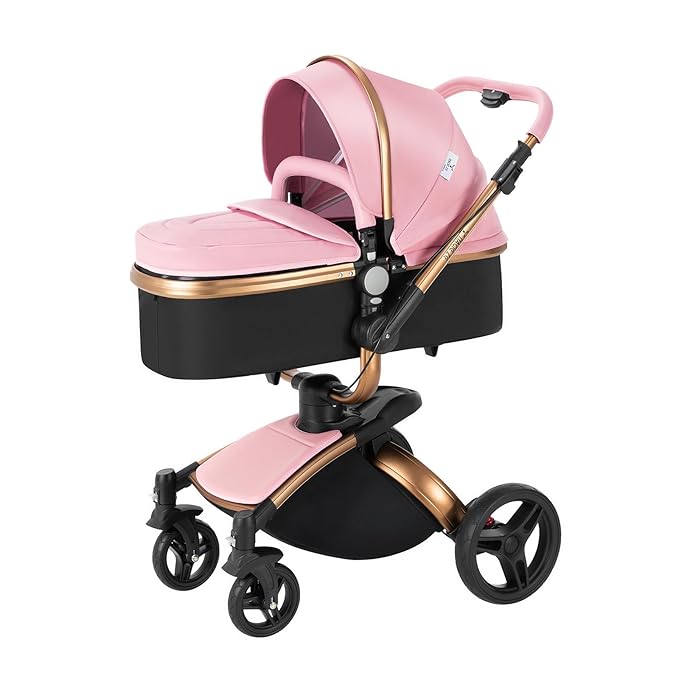 PU Leather 2 in 1 Baby Stroller with 360° Rotatable Seat, Convertible Reversible Standard Baby Pram Portable Pushchair Infant Carriage Foldable High Landscape Pram for Toddler Newborn (HR005-Pink)