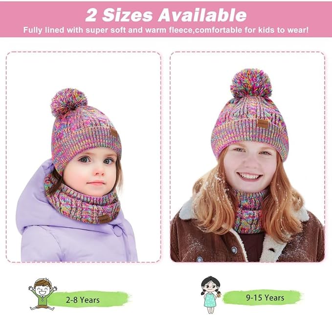 Kids Winter Hat Gloves Scarf Set,Girls Toddler Children Hats Beanie with Pom Knit Neck Warmer Gaiter Mittens Fleece Lined Set