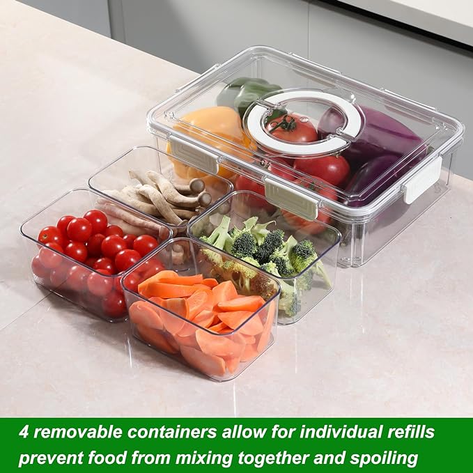 Taiuloo Divided Serving Tray with Lid & Handle, Airtight 4 Compartment Snackle Box Charcuterie Container, Fridge Organizer Bins, Food Storage Container Veggie Tray for Snack, Fruit, Candy, Nuts