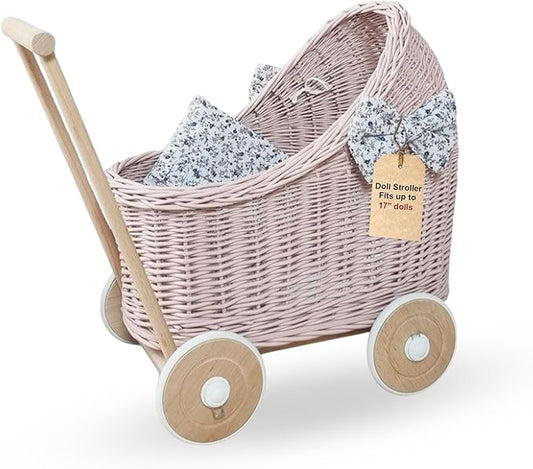 Handmade Rattan Doll Stroller with Bedding - European Artisan Crafted for 17 inch Dolls, Pink with Ivory Flowers | Doll Pram, Baby Walker Toy for Imaginative Play & Role Play | Gift for Girls