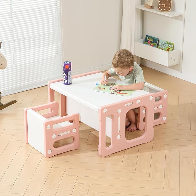 Montessori Table and Chair Set, Kids Table and Chairs, Height-Adjustable Toddler Table and Chair Set, Table Chair for Ages 3-8, Childrens Table for Daycare, Classroom