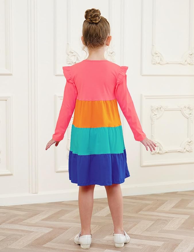 Bumeex Girl's Dresses Cotton Ruffle Sleeve Tiered Swing A-Line Cute Midi Casual Sundress
