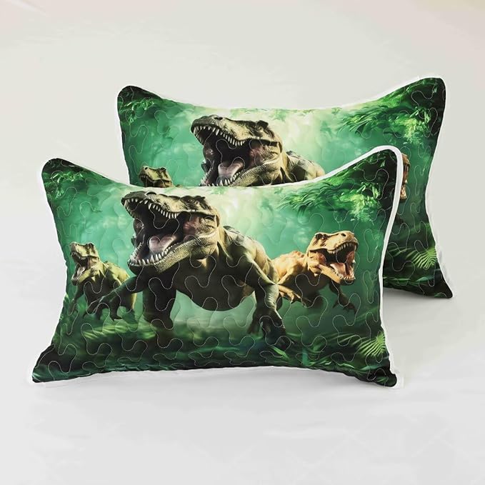 Green Dinosaur Quilt Set Full/Queen Size for Kids, Breathable 3D Dinosaur Printing Bedding Set, Lightweight Boys Dino Bedspread Set with 1 Quilt and 2 Pillowcases