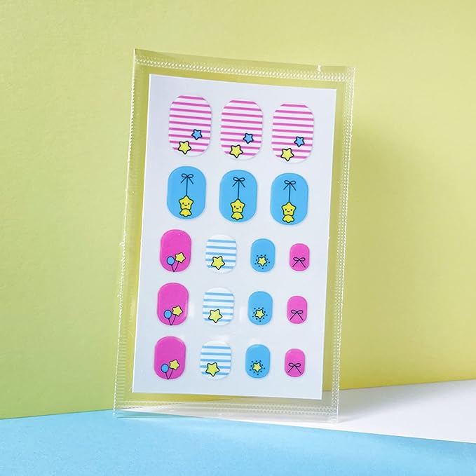 Kids Nail Stickers Full Nail Wraps Self Adhesive Nail Polish Strips for Kids Girls Nail Art Decoration Fun Including Fruits Rainbows Stars Hearts Clouds Recommend for Age 8 and Older (Pack of 10)