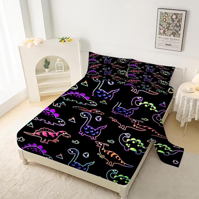 Dinosaur Sheets Twin for Boys Girls, Cartoon Colorful Kids Dinosaur Bedding for Bedroom Decor, Soft 3 Pcs Microfiber Dino Bed Set with 1 Fitted Sheet, 1 Flat Sheet and 1 Pillowcase