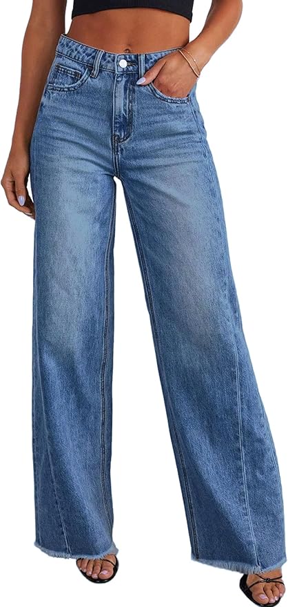 PRETTYGARDEN Wide Leg Jeans for Women Trendy 2025 High Waisted Stretchy Baggy Raw Hem Denim Palazzo Pants with Pockets