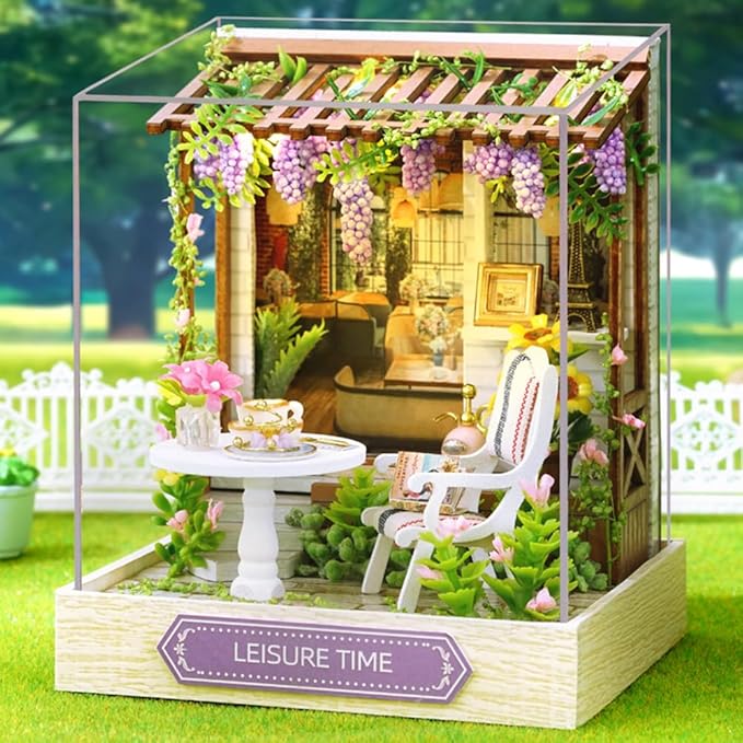 TuKIIE DIY Miniature Dollhouse Kit with Furniture, 1:24 Scale Creative Room Mini Wooden Doll House Plus Dust Proof for Kids Teens Adults(Leisure Time)