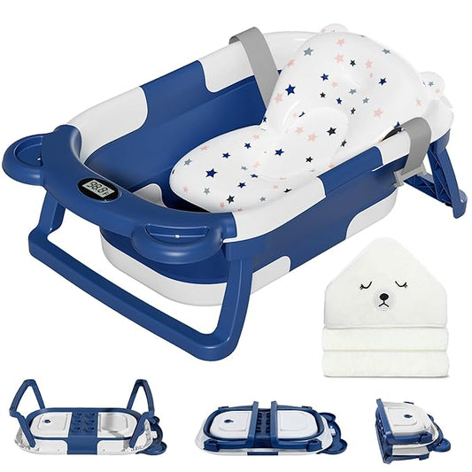 MoreFeel Collapsible Baby Bathtub for Newborn with Thermometer & 1 Soft Floating Cushion & 1 Bath Net,Portable Travel Bathtub with Drain Hole, Durable Foldable Baby Tubs for Infants to Toddler