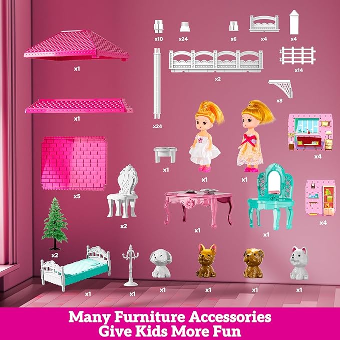 Pink Villa Playset for Girls Ages 3-7, 2-Story 4 Room House with 2 Dolls, Furniture and Accessories, Indoor Playset Girls Toys for Ages 6-8, Pretend Toddler Toy, Birthday Gifts for Kids 4-8