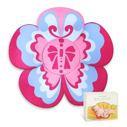 Premium Baby Bath Pad with Butterfly Flower - Ultra Soft & Quick Dry Bathtub Mat for Newborns, Anti-Slip Sink Cushion (Red-Blue)