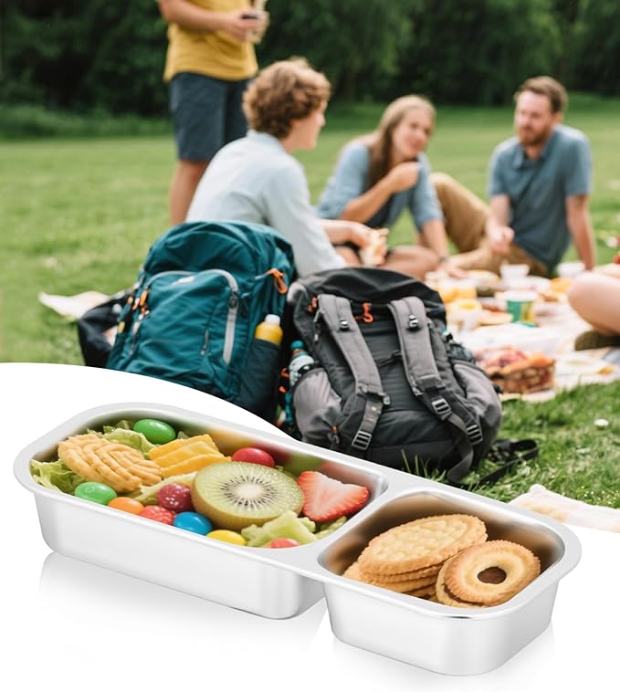 Ugotit Snackle Box Container, 2 Compartments Stainless Steel Food Storage Containers with Airtight Lids, Reusable Lunch Box for Adults, Travel, Meal Prep, Office (24oz, Black)