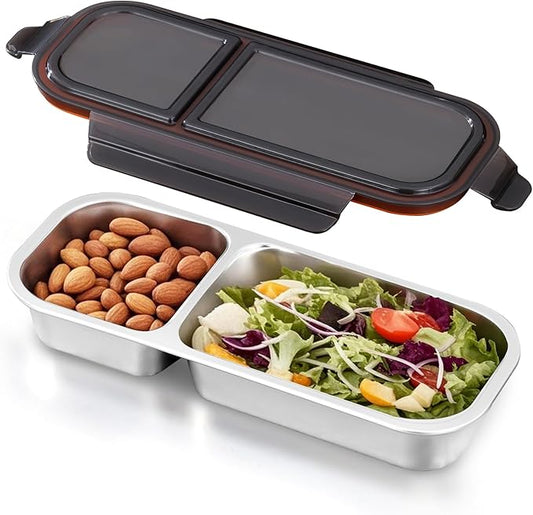 Ugotit Snackle Box Container, 2 Compartments Stainless Steel Food Storage Containers with Airtight Lids, Reusable Lunch Box for Adults, Travel, Meal Prep, Office (24oz, Black)