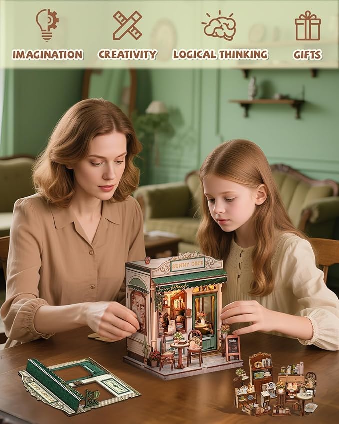 Cutefun Book Nook Kit - DIY Miniature Coffee Shop Dollhouse Kit for Adults and Teens, 3D Wooden Cafe Puzzle Mini House Building Kit with LED Bookshelf Insert Decor Creative Gifts (Sunny Cafe)