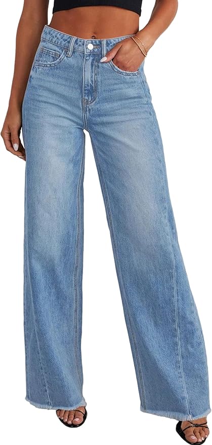 PRETTYGARDEN Wide Leg Jeans for Women Trendy 2025 High Waisted Stretchy Baggy Raw Hem Denim Palazzo Pants with Pockets
