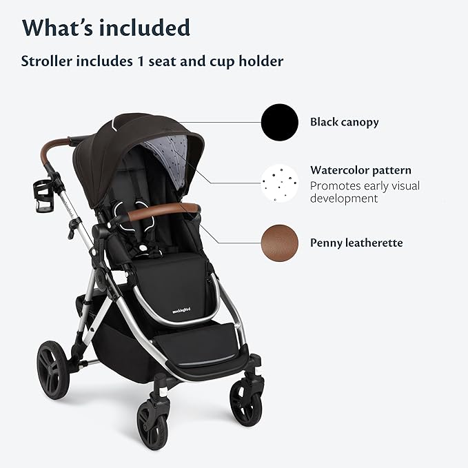 Mockingbird Single-to-Double Stroller 2.0 - Modular Full-Size Baby Stroller for 1, 2 or 3 Kids - Includes Cup Holder - Black