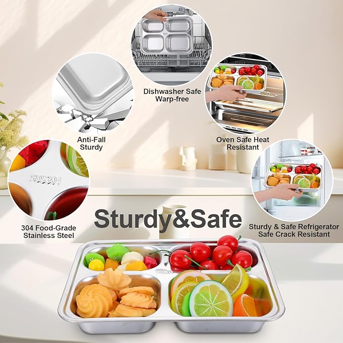 3Pcs Stainless Steel Snack Containers with Lids, 4 Compartments Bento Snack Boxes Reusable Metal Food Fruit Storage Prep Containers for School Home Travel