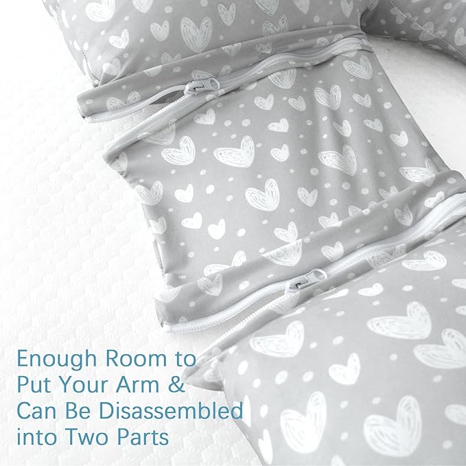 Pregnancy Pillow Cover U-Shaped, Super Soft Replacement Cover for Maternity Pillow, Full Body Pregnancy Pillow Case, Universal Fit, Grey Hearts Print