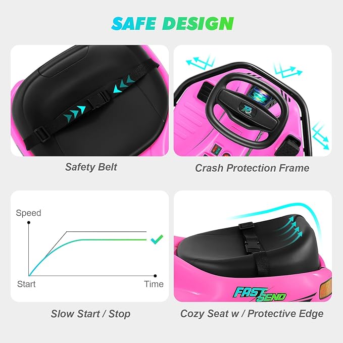 360 Degrees Rotating Ride On Drift Car and 2 Replacement Universal Wheels, 24V Electric Drifting Go Kart for Kids W/Brushless Motor, High/Low Speed, Flashing Lights, Flag, Music, Bluetooth, Pink