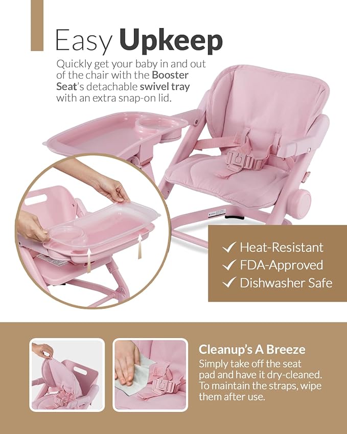 Feed Me 3-in-1 Travel High Chair Booster Seat for Infants and Toddlers - Transitional, Compact & Fits Any Chair, Swivel Tray, Rose Tea