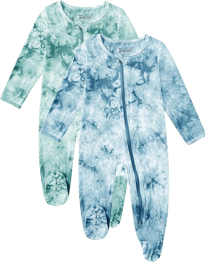 Jimonda Baby Girls Boys Footed Pajamas,Rayon From Bamboo,2 Way Zipper Long Sleeve Soft Sleeper Pjs,Infant Tie-dye Romper