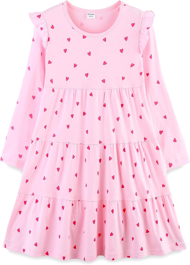 Bumeex Girl's Dresses Cotton Ruffle Sleeve Tiered Swing A-Line Cute Midi Casual Sundress