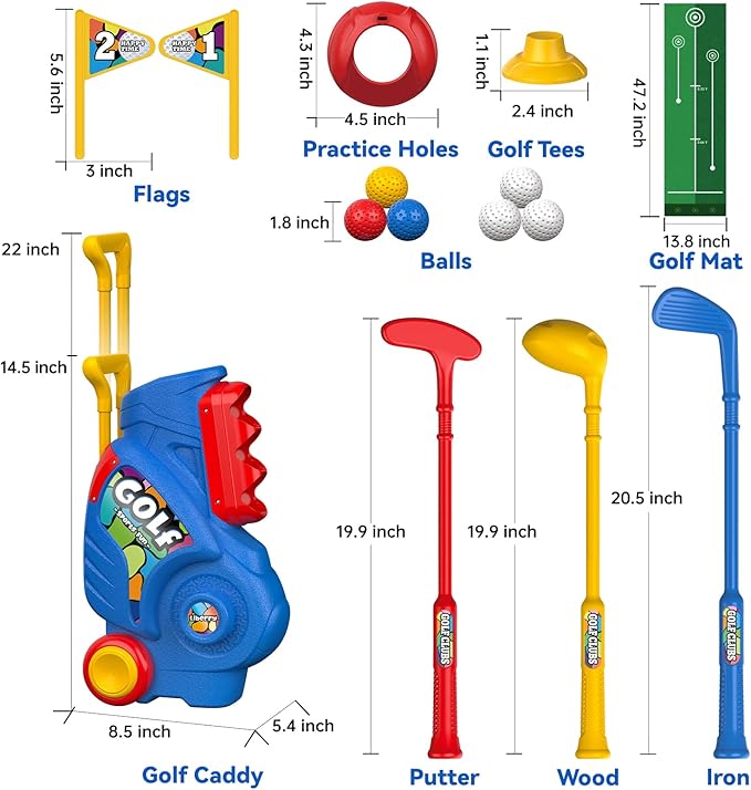 Liberry Toddler Golf Set with Putting Mat for 2 3 4 5 Years Old Boys Girls, Upgraded Kids Golf Cart with Unique Shoulder Strap Design, Indoor and Outdoor Golf Toys