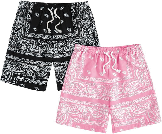 Floerns Boy's 2 Pcs Bandana Shorts Boho Paisley Graphic Print Drawstring Waist Summer Beach Drip Shorts with Pockets
