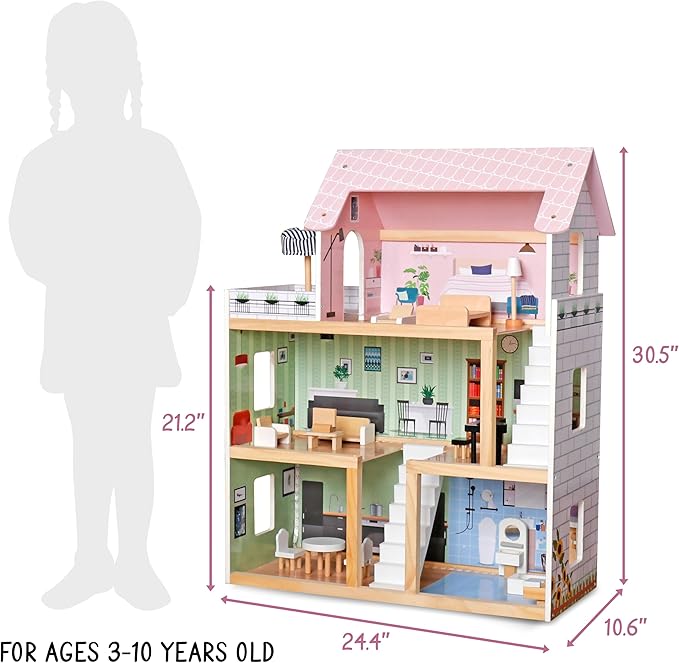 Lil' Jumbl Kids Wooden Dollhouse, 17-Piece Accessories & Furniture are Included, with Balcony & Stairs, 3 Story Easy to Assemble Doll House Toy - Pink
