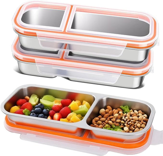 Stainless Steel Snack Containers with Lids, Reusable Condiment Storage Box, Divided Food Storage for School, Home, Travel, Multiple Compartment Leak-Proof Box (‎2 Compartment 3PCS)