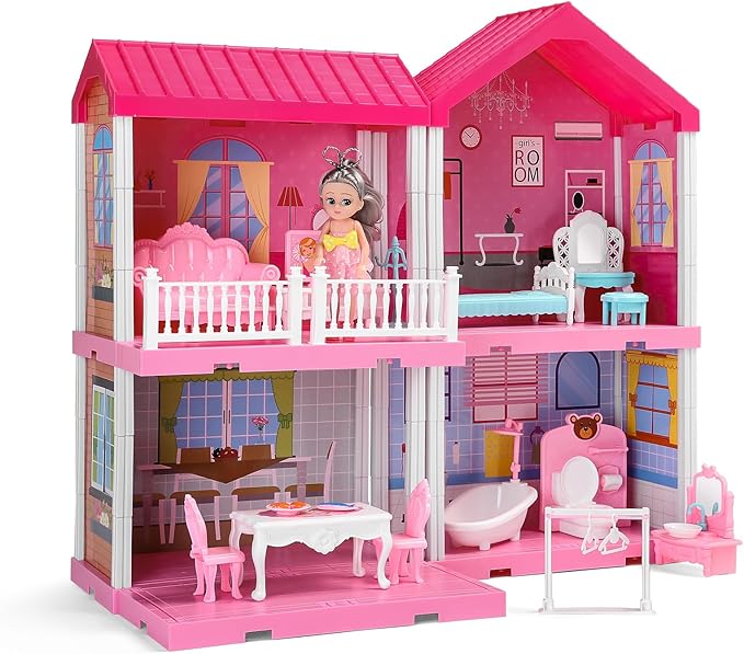 Girl House Toys for Girls 4-8, 2 Storey 4 Rooms Indoor Playset with Doll, Furniture and Accessories, Pretend Toddler Toy, Birthday Gifts for Girl Age 3-5 4-6 6-12
