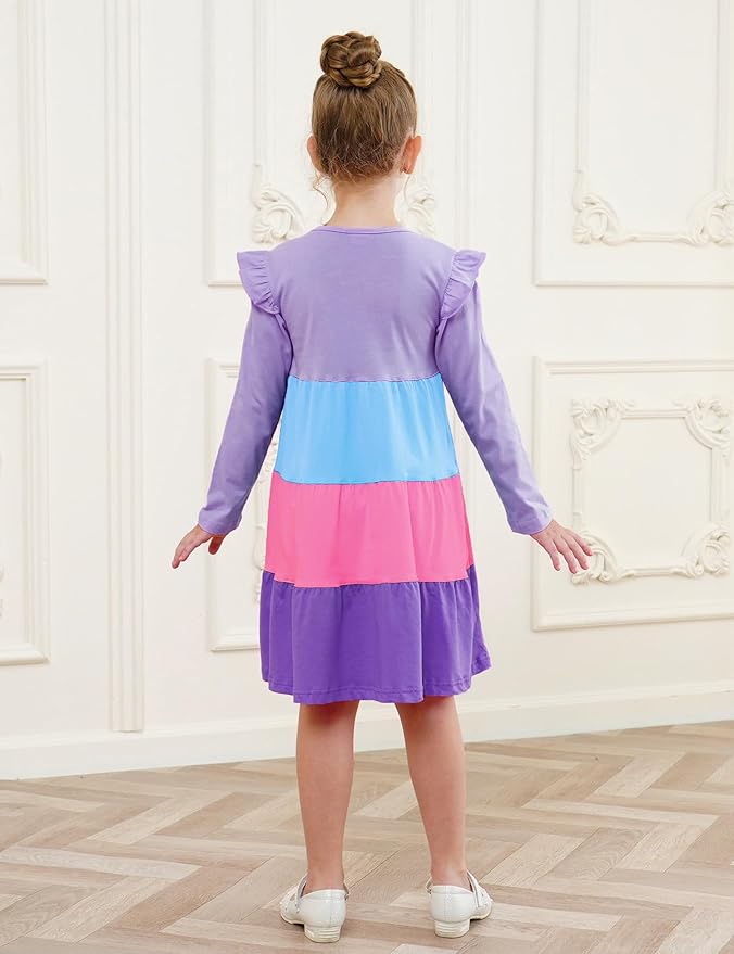 Bumeex Girl's Dresses Cotton Ruffle Sleeve Tiered Swing A-Line Cute Midi Casual Sundress