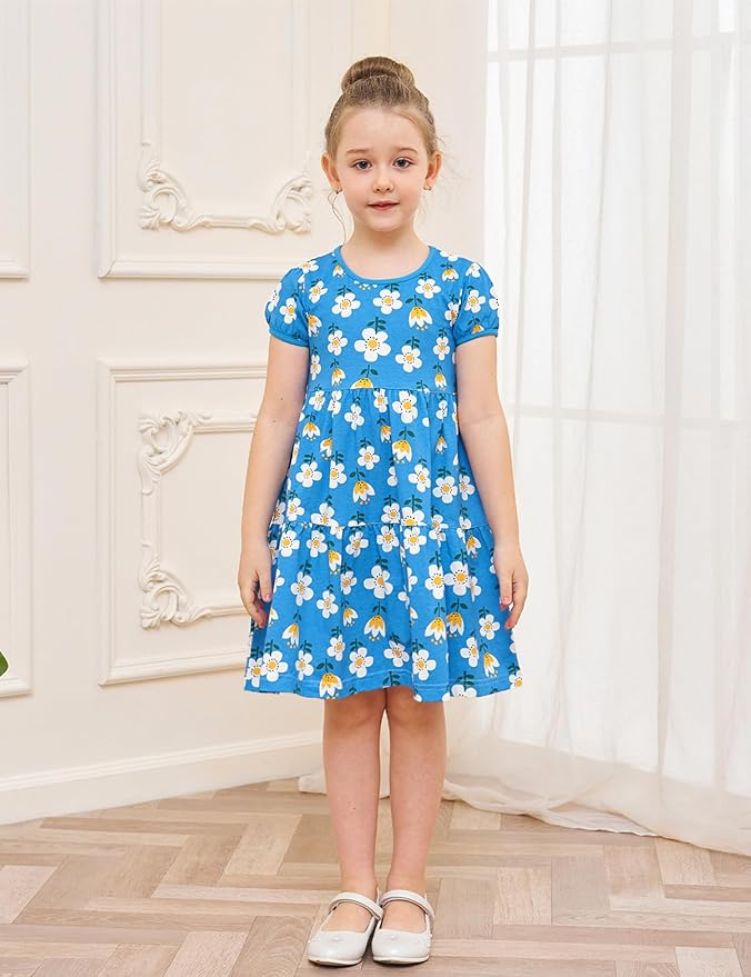 Bumeex Girl's Dresses Cotton Ruffle Sleeve Tiered Swing A-Line Cute Midi Casual Sundress