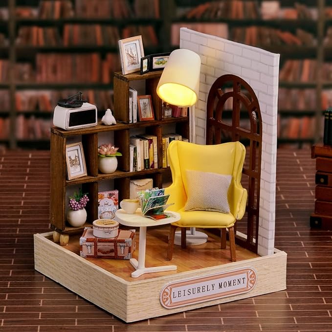 TuKIIE DIY Miniature Dollhouse Kit with Furniture, 1:24 Scale Creative Room Mini Wooden Doll House Plus Dust Proof for Kids Teens Adults(Leisurely Moment)