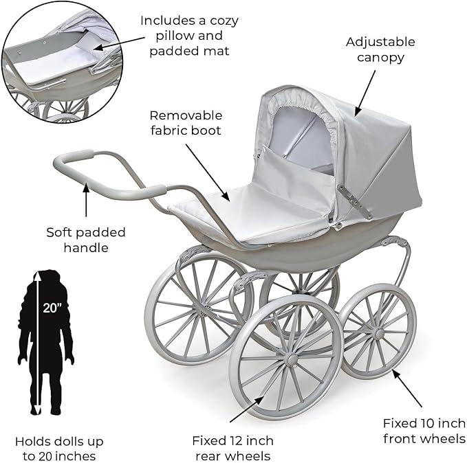 Badger Basket London Doll Stroller - Stylish Toy Stroller for 18 Inch Dolls - Adjustable Canopy, Sturdy Handle, Durable Design for Pretend Play and Doll Accessories - Gray