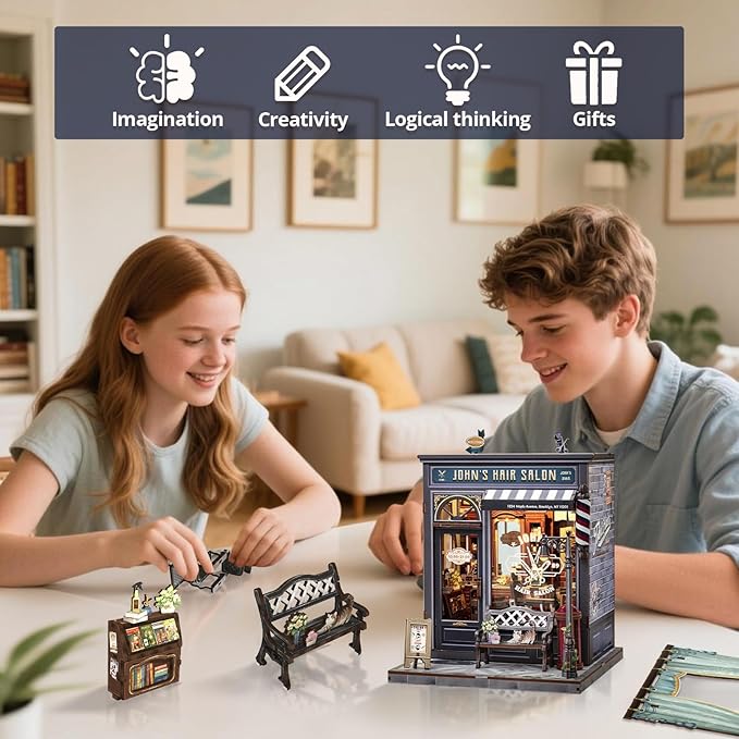 Cutefun Book Nook Kit - DIY Miniature Dollhouse Kit for Adults and Teens, Barbershop Mini House Building Kit with LED Bookshelf Insert Decor Creative Gifts (John's Hair Salon)