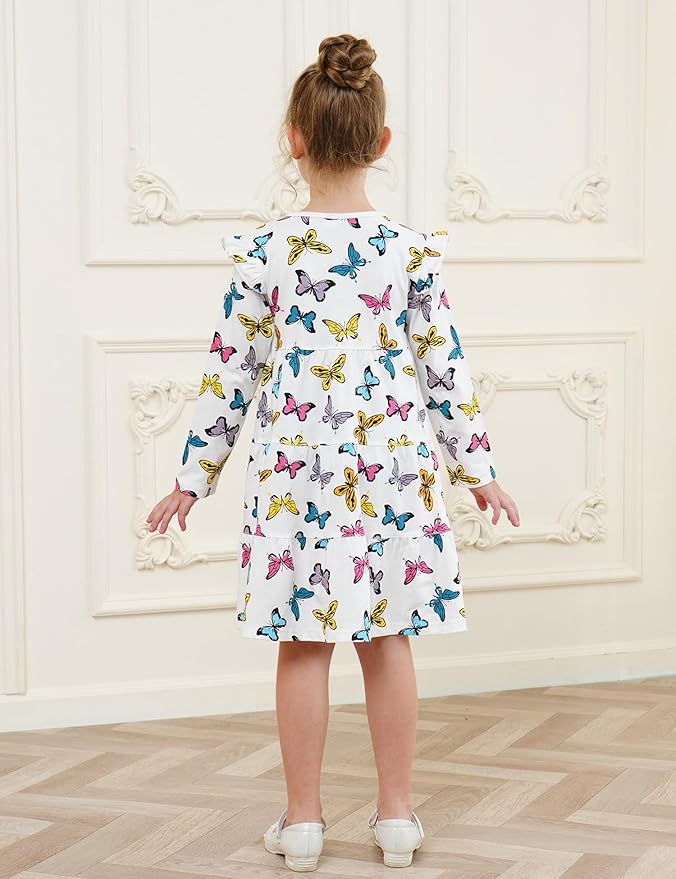 Bumeex Girl's Dresses Cotton Ruffle Sleeve Tiered Swing A-Line Cute Midi Casual Sundress